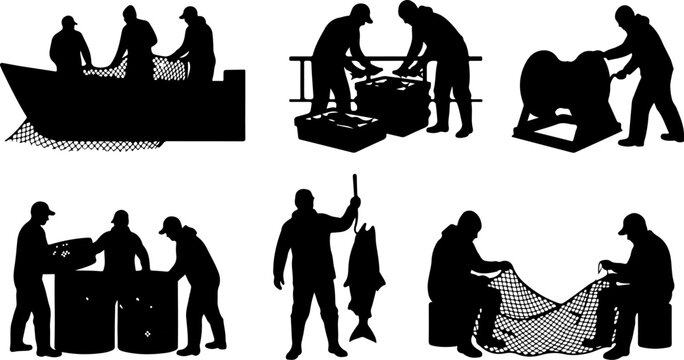 Set of silhouettes of fishermen working on a boat and with fishing gear vector illustration