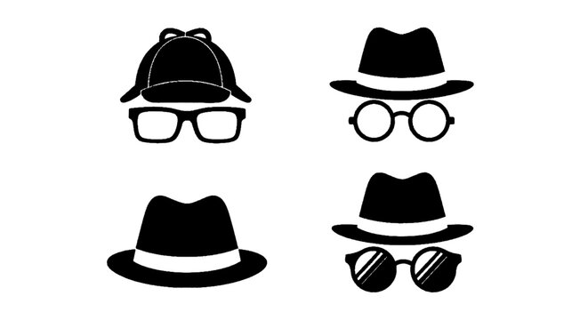Minimal black silhouette icon, simple flat vector, bold black shape, no, no shading spy agent and detective icons set with hats and glasses on a, flat icon style
