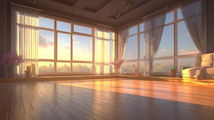 Fototapeta premium Bright interior space bathed in warm sunlight streaming through expansive floor to ceiling windows overlooking a cityscape.