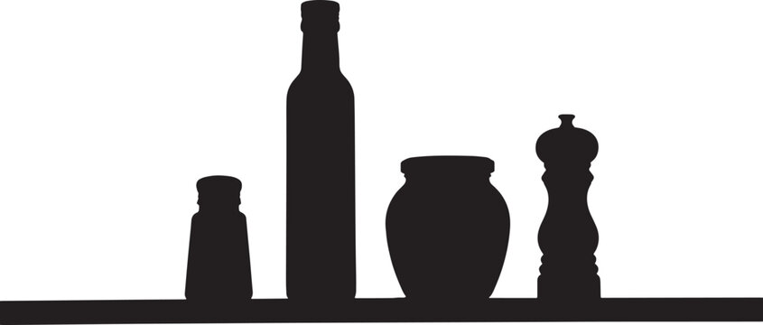 Kitchen silhouettes of a salt shaker, a tall oil bottle, a ceramic jar, and a pepper mill are lined up on a surface to represent essential culinary tools and household cooking items for design.