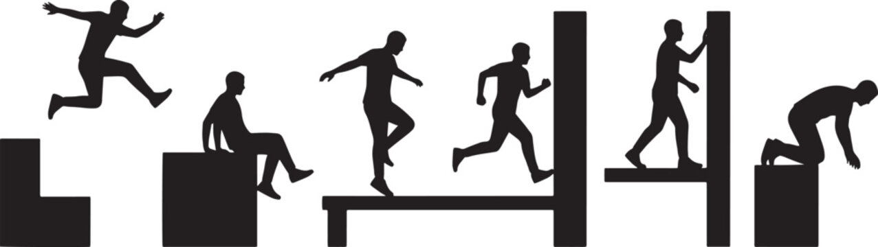Silhouettes representing active men performing various physical exercises and athletic movements are arranged in a horizontal row to demonstrate human fitness, agility, and dynamic body positioning.