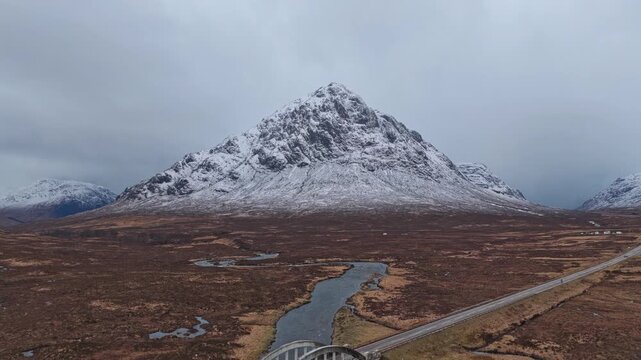 Scenic aerial view of glencoe valley landscape with buachaille etive mor mountain