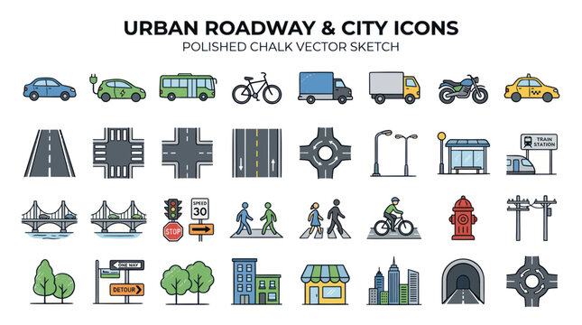 Urban Roadway and City Icons: Polished Chalk Vector Sketch