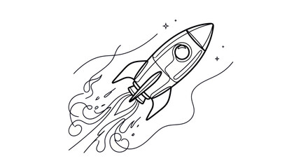 Hand-drawn Rocket Ship Launching into Space with Stars and Smoke Trails © Yaskur