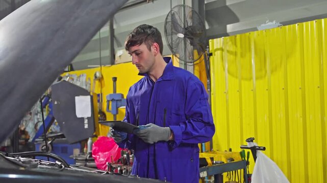 Car maintenance action mechanic working on vehicle automotive workshop technical process indoor focused skill development