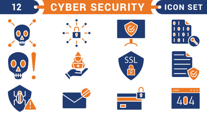 Fototapeta premium Cyber Security editable stroke outline icons set. Data protection, spam, secure, security, antivirus, password, privacy, padlock and hacker. Vector illustration.