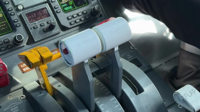 Close Up Turbofan Throttles in Cockpit of Jet Plane Airliner in Flight