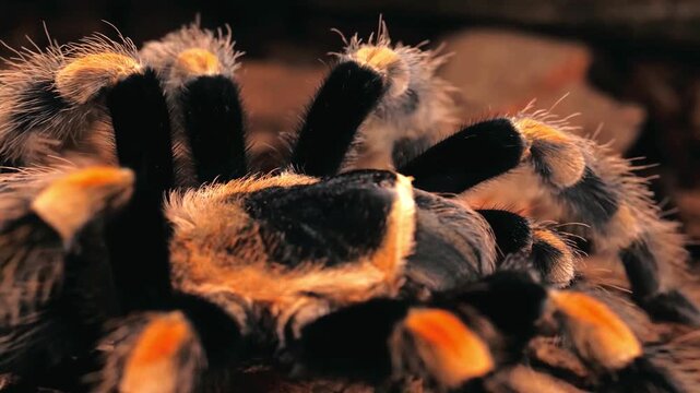 Extreme close-up of a black and orange Mexican orange-kneed tarantula walking slowly across dry ground, revealing its hairy body, vivid leg markings and detailed natural movement.