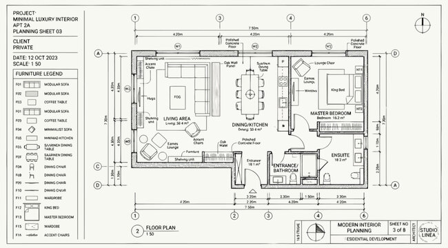 Architectural floor plan for luxury interior design project with furniture layout and dimensions