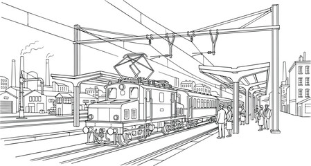 Vintage Electric Train at Railway Station Coloring Page, Retro Locomotive Line Art Illustration for Kids and Adults © IDR TAO