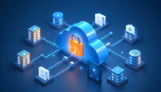 3d cloud model with lock connected to various data files for secure network storage