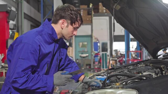Car maintenance action by mechanic in workshop automotive repair technical skills professional environment close-up view