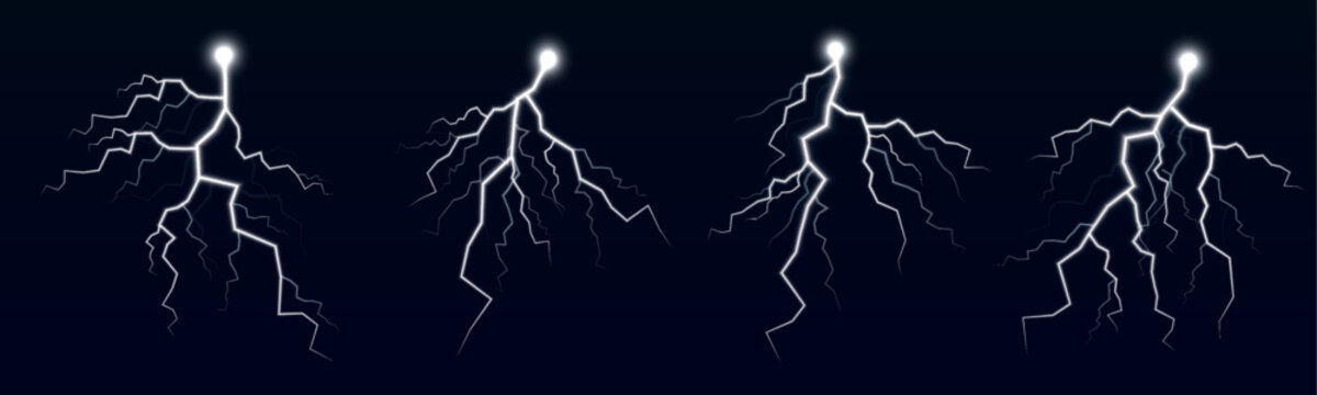 Bright white lightning forks across the sky with powerful electric energy and glowing branches. Thunder fills the atmosphere with dramatic force. Transparent PNG overlay.