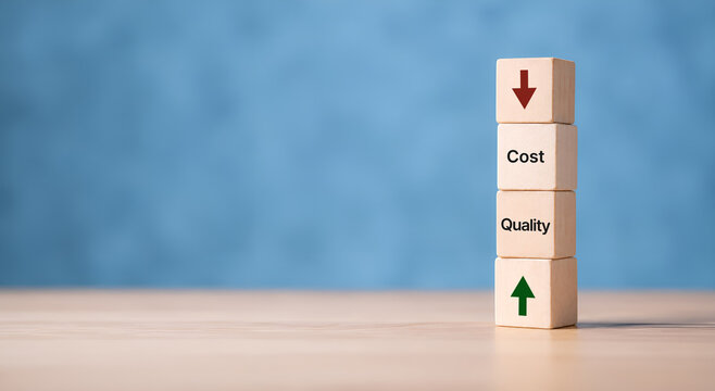 Cost Reduction and Quality Improvement concept. Wooden blocks showing cost down and quality up, symbolizing smart cost control, innovation and strategic improvement without sacrificing product value. 