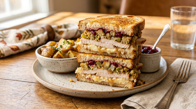Turkey sandwich with cranberry sauce stuffing and fresh spinach on rustic wooden table