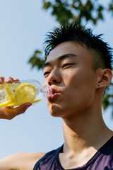 Obraz premium Young man drinking bottled lemon water outdoors for summer banner and poster design closeup portrait of hydration and refreshing beverage