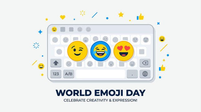Celebrate World Emoji Day A vibrant digital illustration of a keyboard with popular expressive emojis, symbolizing global communication, creativity, and joyful self-expression