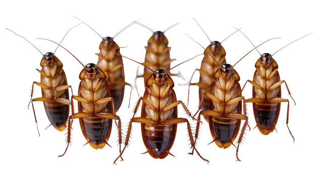 Isolated group of common cockroaches, various angles, showing pest infestation and hygiene problems