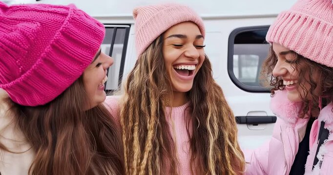 Three cheerful female friends sharing genuine laugh during winter outdoor gathering, wearing warm knit headwear