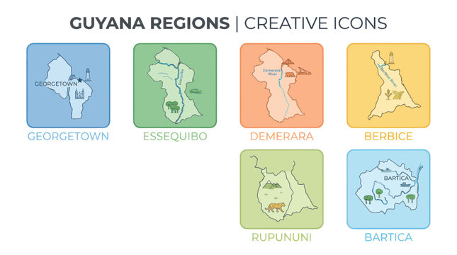 Guyana Regions Creative Icons: Georgetown, Essequibo, Demerara, Berbice, Rupununi, Bartica