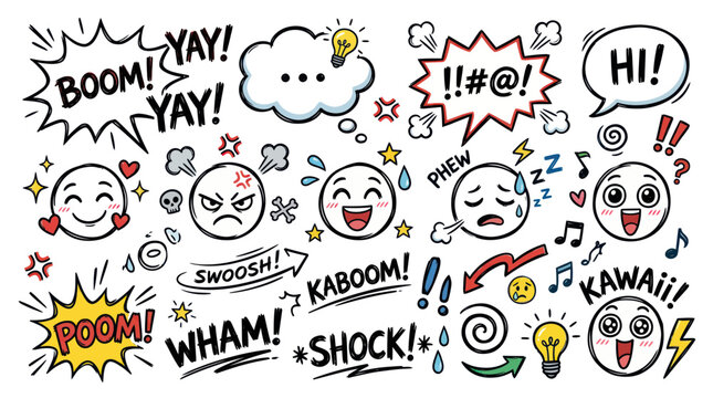 Funny Faces and Comic Speech Bubbles with Exclamations