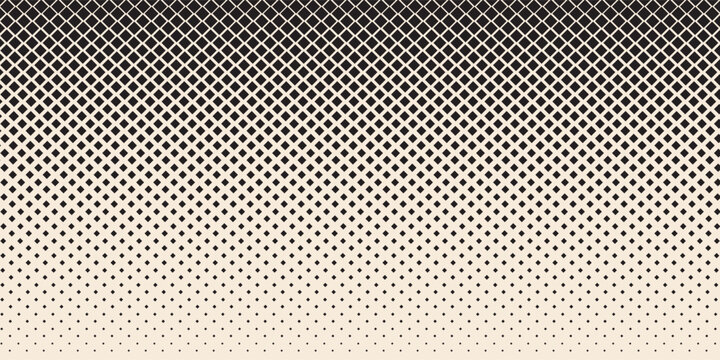 Aged beige square halftone gradient texture. Fading repeating diamond pixel background. Repeated gradation pattern. Vanishing comic pop art overlay backdrop. Vector