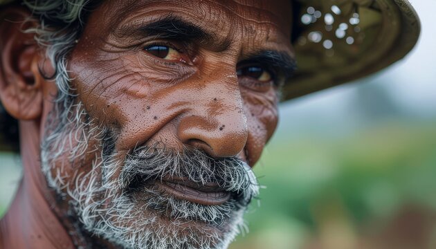Close up portrait of an elderly senior farmer man with gray beard and weathered face wearing a straw hat outdoors