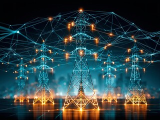Obraz premium Power transmission towers stand tall in a dark city landscape during nighttime, showing energy connections and modern technology