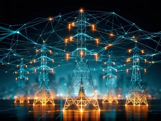 Power transmission towers stand tall in a dark city landscape during nighttime, showing energy connections and modern technology © alphaspirit