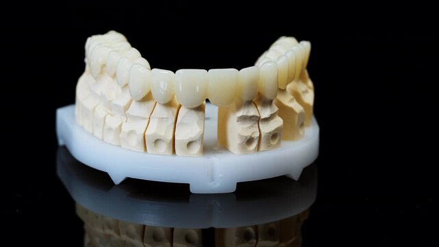 Close-up of a dental bridge and crown prosthetic model used in restorative dentistry and dental laboratory work.