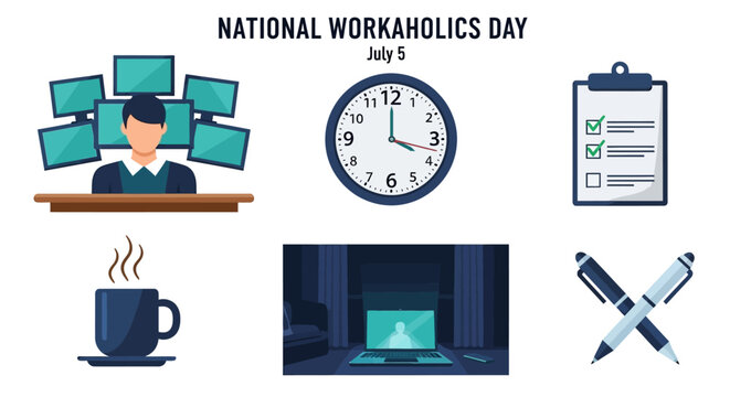 A flatdesign graphic for National Workaholics Day featuring a desk worker screens clock checklist coffee and pens