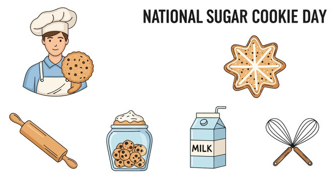 A graphic featuring a chef a starshaped cookie a rolling pin a cookie jar milk and whisks for Sugar Cookie Day