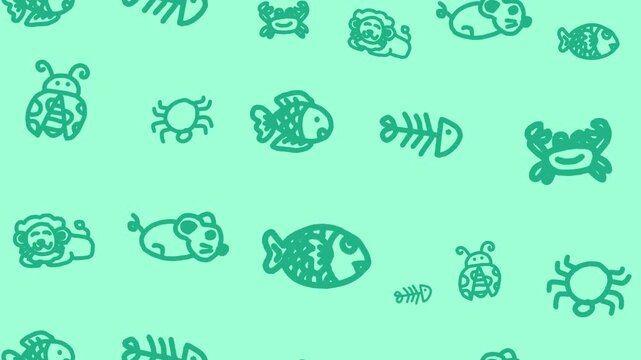 Cute hand-drawn animal doodle icons seamless pattern on green background animation for cartoon wild line art wallpaper concept. Seamless looping.