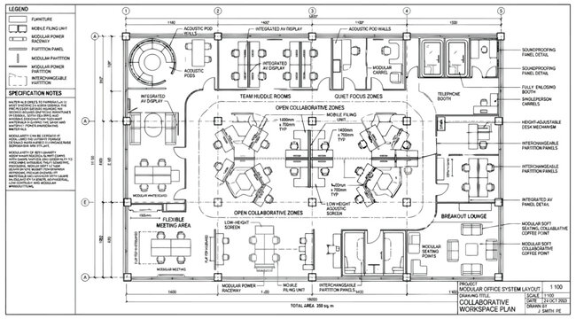 Professional office workspace floor plan layout with desks, meeting rooms, and collaborative areas