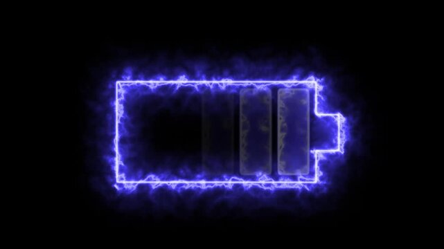 Neon blue fire glowing battery charging icon. Charger, running from low to full cell phone battery. Glowing neon line Battery icon animated video