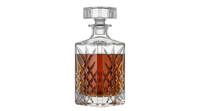 Drink Decanter, Glass Bottle, Symmetrical square faceted crystal whiskey drink decanter bottle, isolated on transparent background