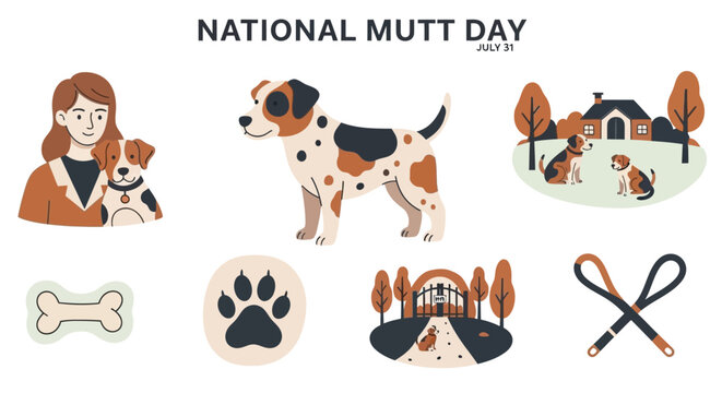 An illustration set featuring a woman various mutt dogs a bone paw print park scenery and leashes for National Mutt Day
