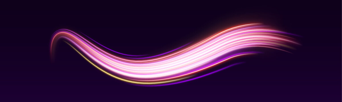 Futuristic laser light waves curve through the darkness with vibrant violet glow. Flowing energy trails create a modern digital atmosphere. Vector illustration.