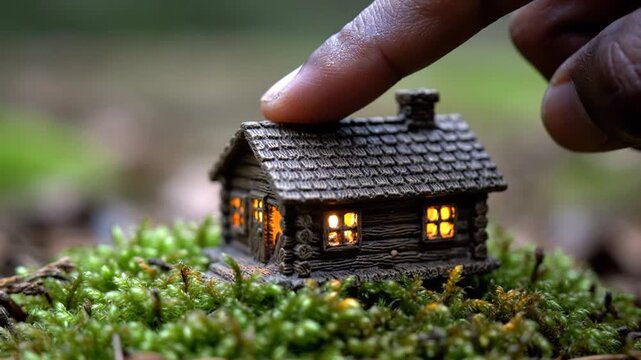 Miniature wooden log cabin model resting on a bed of green moss in a forest.