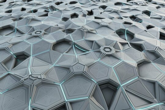 Futuristic architectural surface with complex geometric hexagonal and pentagonal panels, featuring subtle glowing blue light lines in crevices