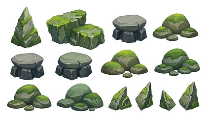 Mossy stone rocks game asset vector illustration set. Boulder, cliff, podium platform, sharp shard, pebble, forest terrain and landscape element. © Creative Studio 