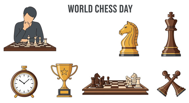 Graphic illustration for World Chess Day featuring a player game boards pieces a trophy and a game timer