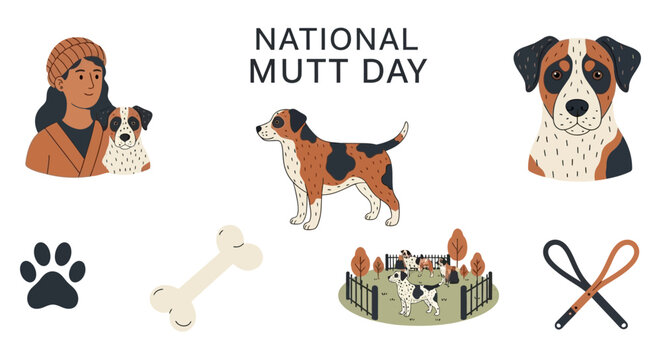 Illustration for National Mutt Day featuring a person multiple dogs a bone paw print and leashes on a white background