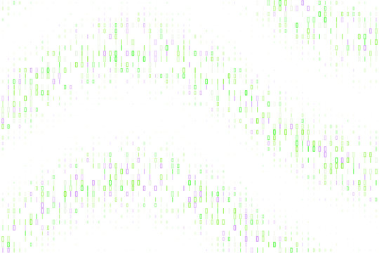 Abstract Digital Data Stream Background with Green and Purple Binary Code Blocks in Flowing Wave Pattern