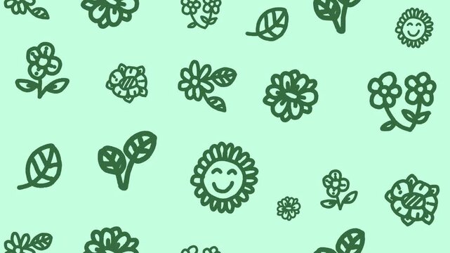 Hand-drawn green flower and leaf doodle icons seamless pattern background animation for cartoon spring flora and plant sketches line art wallpaper concept. Seamless looping.