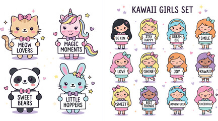 Cute kawaii girls and animals set with motivational quote banners featuring cat unicorn panda rabbit doodle characters for stickers badges vector illustration © Tofijun