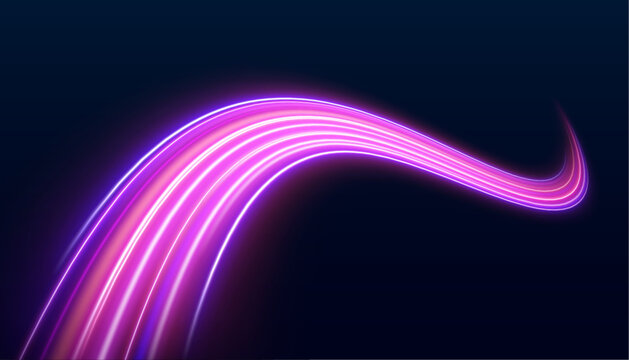 Long exposure inspired neon trails form elegant loops with glowing blue highlights. Modern abstract motion concept for technology themes. Vector illustration.