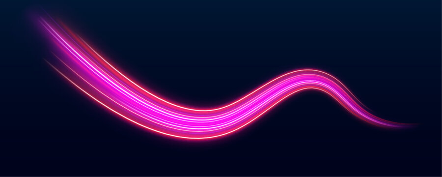 Flowing luminous ribbons create sweeping curves with colorful neon reflections. Dynamic energy suggests advanced digital transportation. Vector illustration.