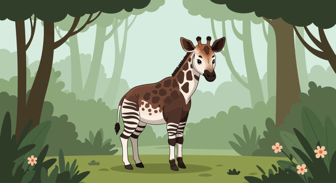 An okapi, a striking forest-dwelling mammal with striped legs, stands gracefully in a lush, green woodland habitat