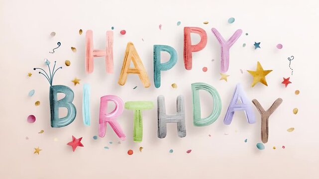 Colorful happy birthday design with decorative elements and confetti
